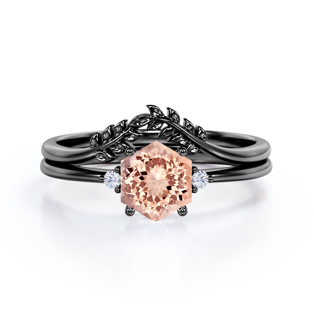 Artistic Petite Leaf 0.55 carat Hexagon Morganite and Moissanite Minimal Bridal Ring Set in Rose Gold