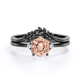 Artistic Petite Leaf 0.55 carat Hexagon Morganite and Moissanite Minimal Bridal Ring Set in Rose Gold