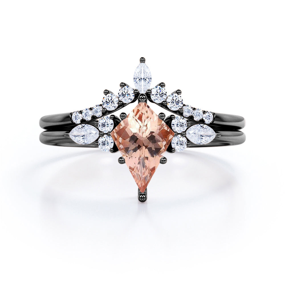 Fashionable 0.65 carat Kite Morganite and Moissanite Bridal Ring Set in White Gold