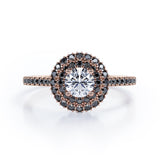 Double Halo Cluster - 1.5 TCW Round Shape Moissanite with Lab Created Black Diamond - Pave Accented Engagement Ring in Rose Gold