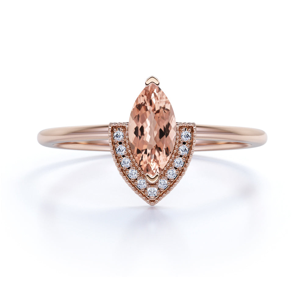 V shaped Style 1.75 Carat Marquise Dark Morganite and Diamond Vintage Engagement Ring in White Gold