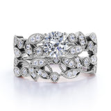 1 Carat Round Cut Diamond - Vintage - Flower - Milgrain - Engagement Ring - Wedding Set - 10K White Gold