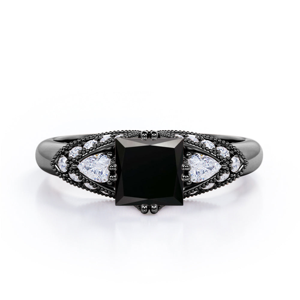 Classic Eight Prongs 1.30 Carat Princess Cut Black Diamond Marquise Framed Vintage Engagement Ring In Rose Gold