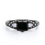 Classic Eight Prongs 1.30 Carat Princess Cut Black Diamond Marquise Framed Vintage Engagement Ring In Rose Gold