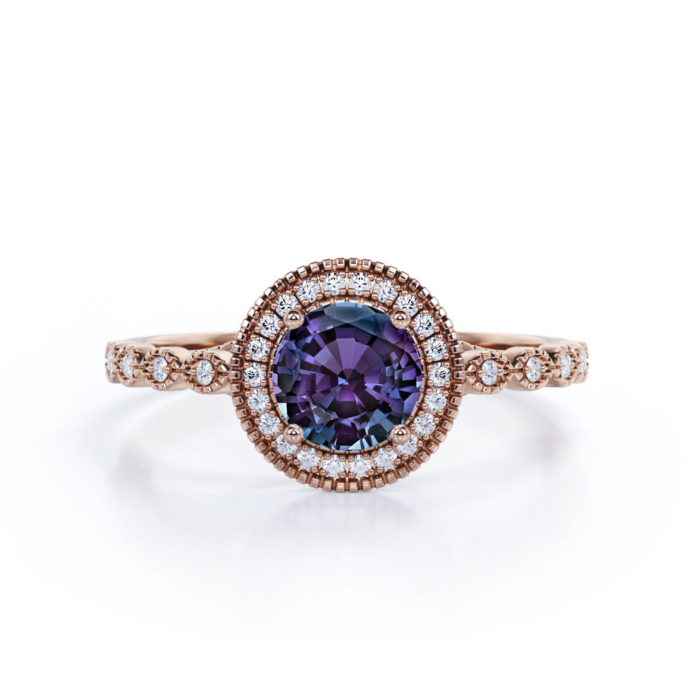 Beaded Vintage 1.40 Carat Round Cut Lab Created Alexandrite And Diamond Halo Engagement Ring In White Gold