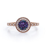 Beaded Vintage 1.40 Carat Round Cut Lab Created Alexandrite And Diamond Halo Engagement Ring In White Gold