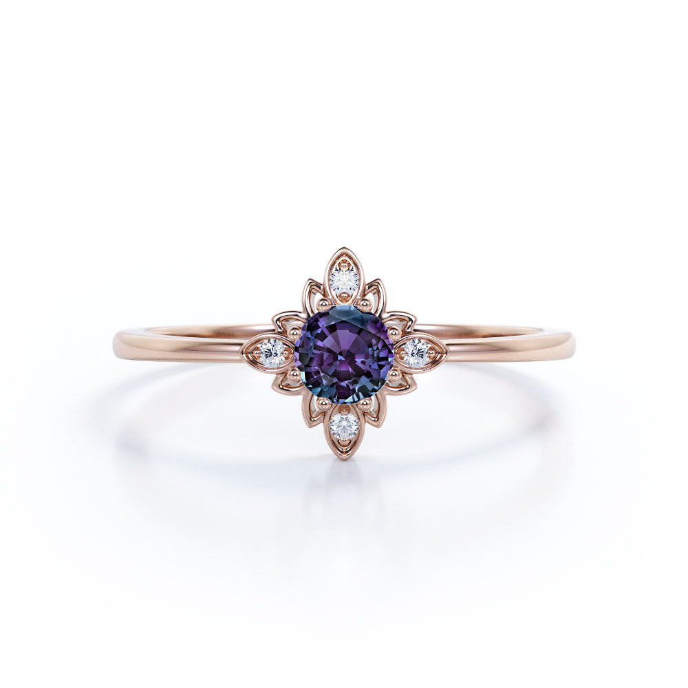 Floral Design 1.05 Carat Round Cut Lab Created Alexandrite And Diamond Nature Inspired Engagement Ring In White Gold