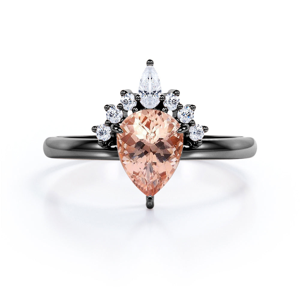 Half-Crown Halo 0.55 carat Pear Morganite and Moissanite Engagement Ring in Rose Gold