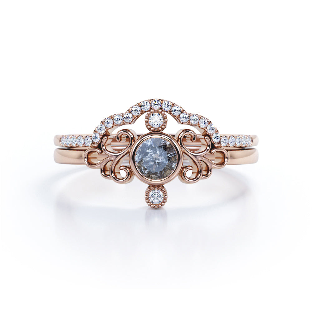 Curved 0.95 Ct Round Salt and Pepper Diamond Wedding Bridal Set