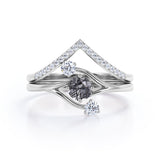 Asymmetrical Bypass 0.85 Carat Round Cut Black Rutilated Quartz and Diamond Contour Pave Bridal Set Rings