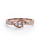 Double Curved Line Milgrain 0.55 carat Princess Morganite and Moissanite Dainty Engagement Ring in Rose Gold