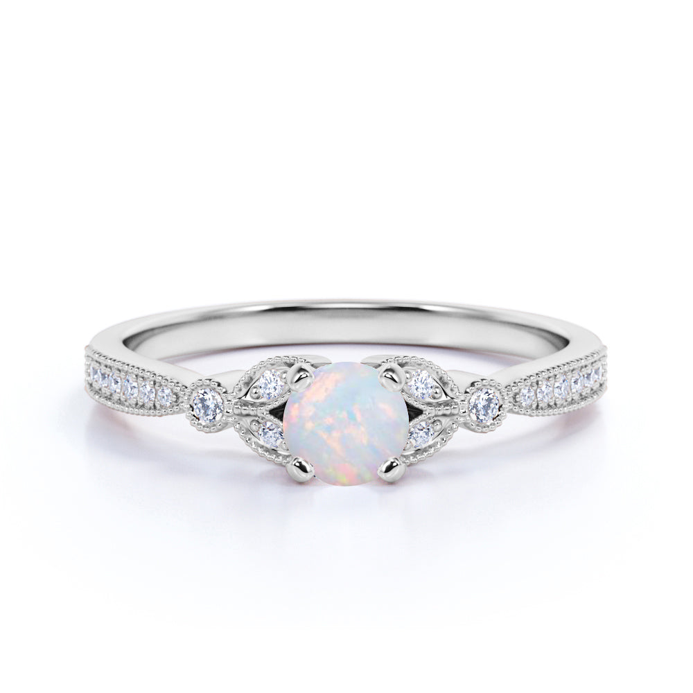 Leaves 1 Carat Round Milky White Opal and Diamond Modern Art Deco Engagement Ring in Rose Gold