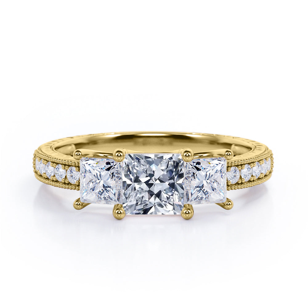 Past, Present and Future 0.50 Carat Princess Cut Diamond Vintage Milgrain Engagement Ring In Black Gold