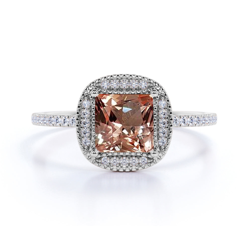 Limited Time Sale: 1.25 Carat Peach Pink Morganite (princess cut Morganite) and Diamond Engagement Ring