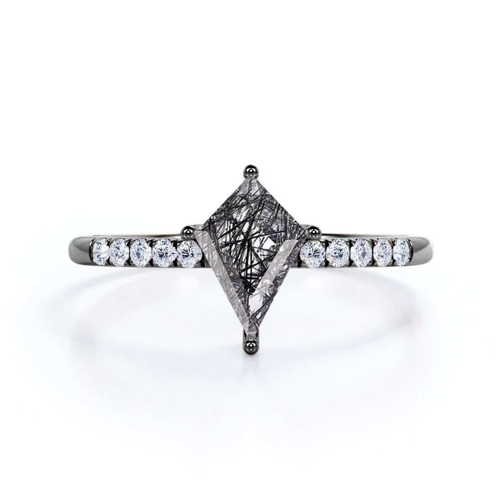 Geometric 1.10 Carat Kite Shaped Dendritic Black Rutilated Quartz And Diamond Pave Half Eternity Engagement Ring In White Gold