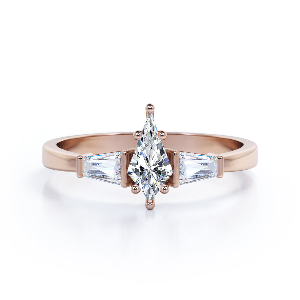 Classy Modern Three Stone Ring - 1 carat Kite Moissanite and Diamond Engagement Ring in Black Gold