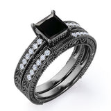 1.50 Carat Princess Cut Moissanite And Diamond Vintage Milgrain Bridal Set Ring In White Gold