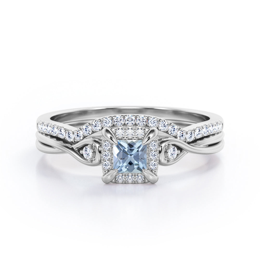 Cushion Halo Prong - 0.85 TCW Princess Cut Aquamarine and Moissanite - Infinity Split Shank Wedding Ring Set -  Rose Gold