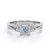 Cushion Halo Prong - 0.85 TCW Princess Cut Aquamarine and Moissanite - Infinity Split Shank Wedding Ring Set -  Rose Gold