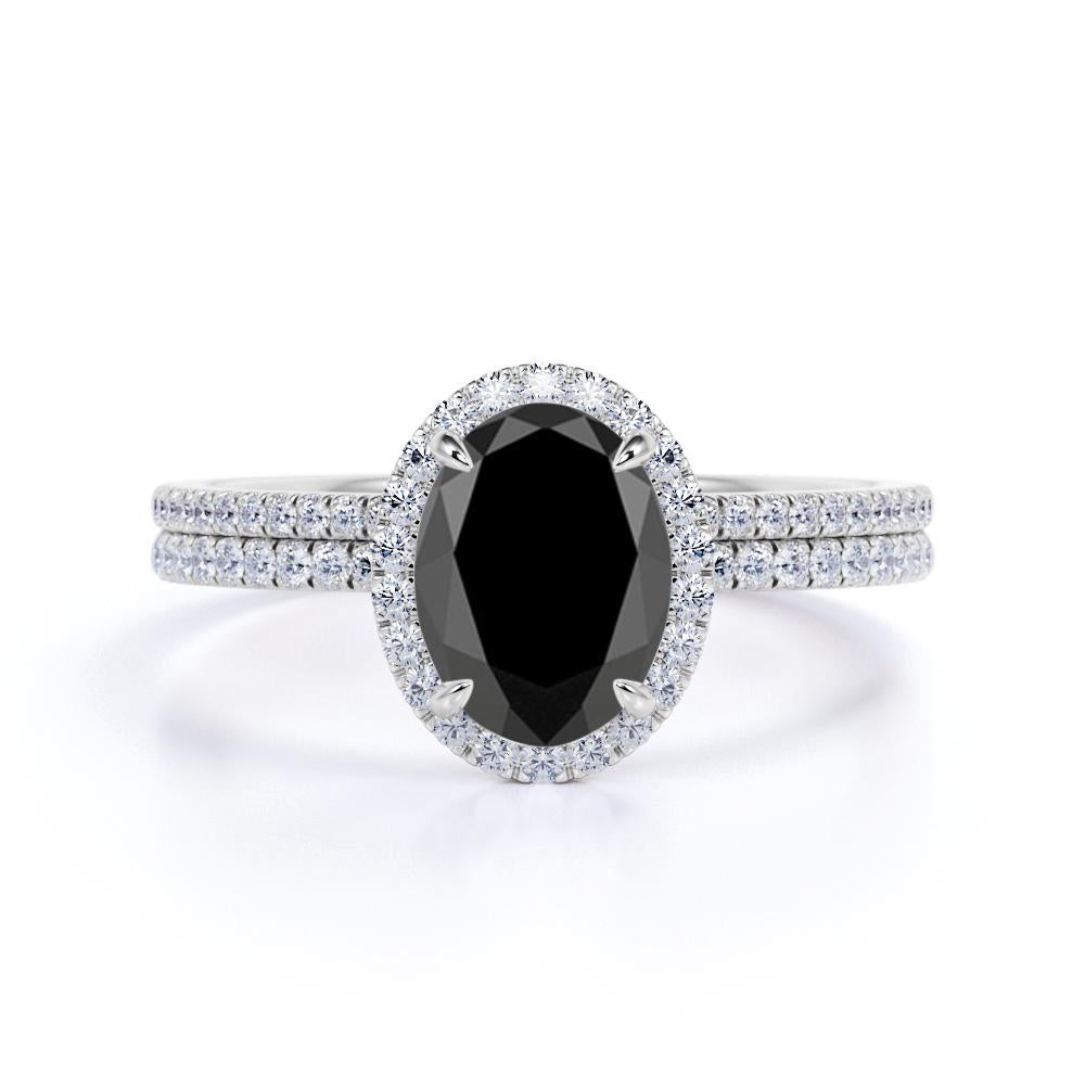 Perfect Bezel Set 1.50 Carat Oval cut Lab Black Diamond Bridal Ring Set in Rose Gold