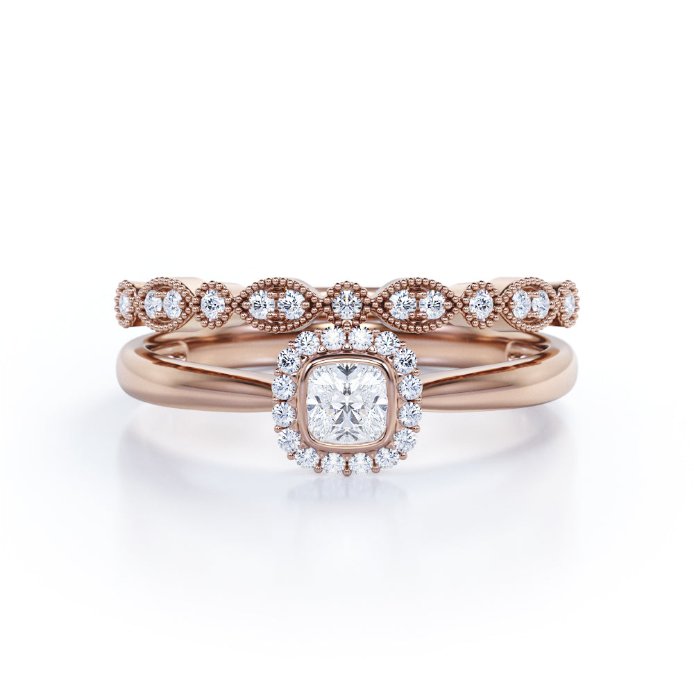 Art Deco Milgrain Filigree 0.5 TCW Princess Cut Diamond Halo Bezel Bridal Set in 10K White Gold