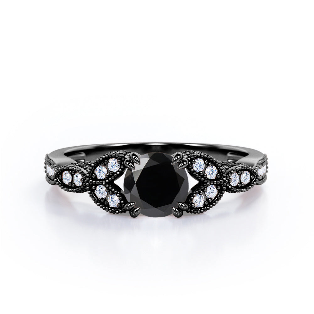 Sharp Eight Claws 1.35 Carat Round Cut Black Diamond Beaded Leaf Art Deco Engagement Ring In Rose Gold