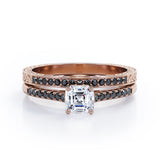 Lattice 1.5 TCW Princess Cut Moissanite with Lab Created Black Diamond 4-Prong Pave Bridal Set in White Gold