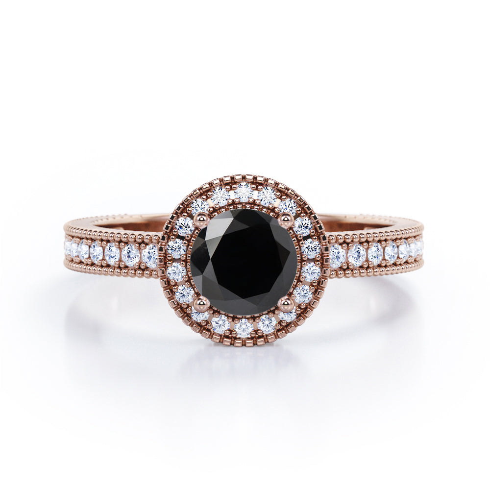 Decorative Halo 1 carat Round Black Diamond Milgrain Engagement Ring in White Gold