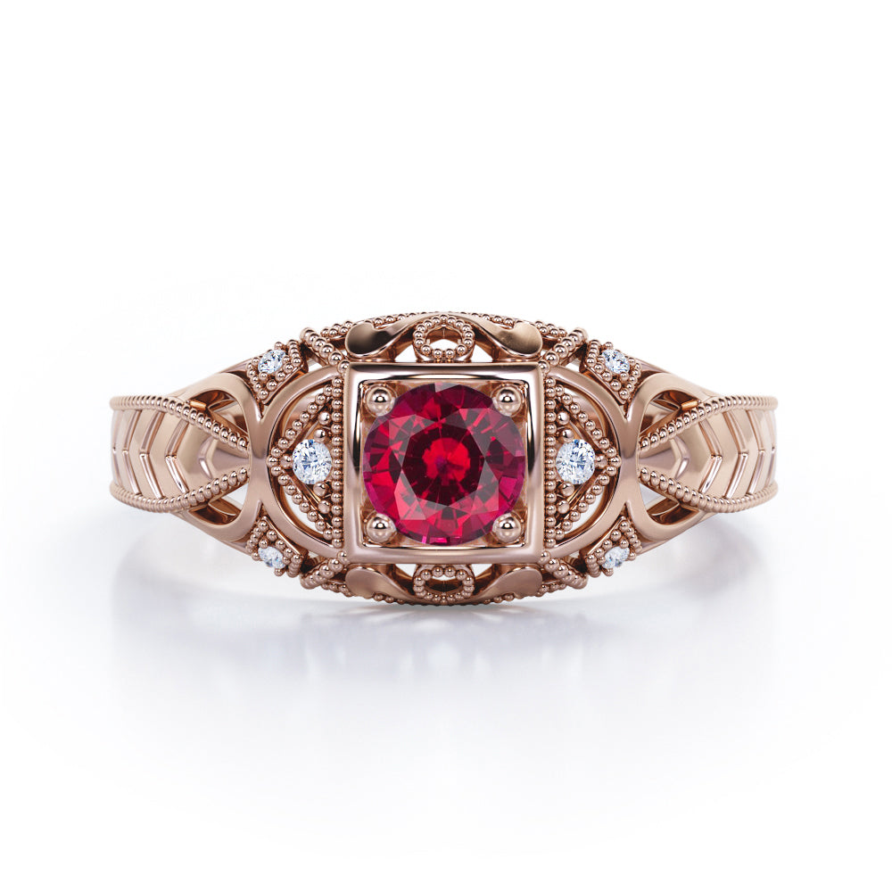 Art Deco Style 1.05 Carat Round Cut  Lab Ruby And Diamond Square Framed Vintage Filigree Engagement Ring In White Gold