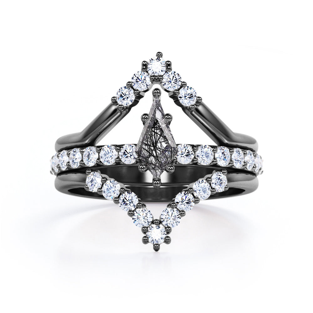 Chevron 1.45 Carat Kite Shaped Natural Black Rutilated Quartz And Diamond V Shaped Pave Set Trio Wedding Ring Set In White Gold