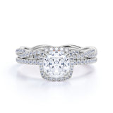 Pave 2 Carat Cushion Cut Moissanite Halo Bridal Set
