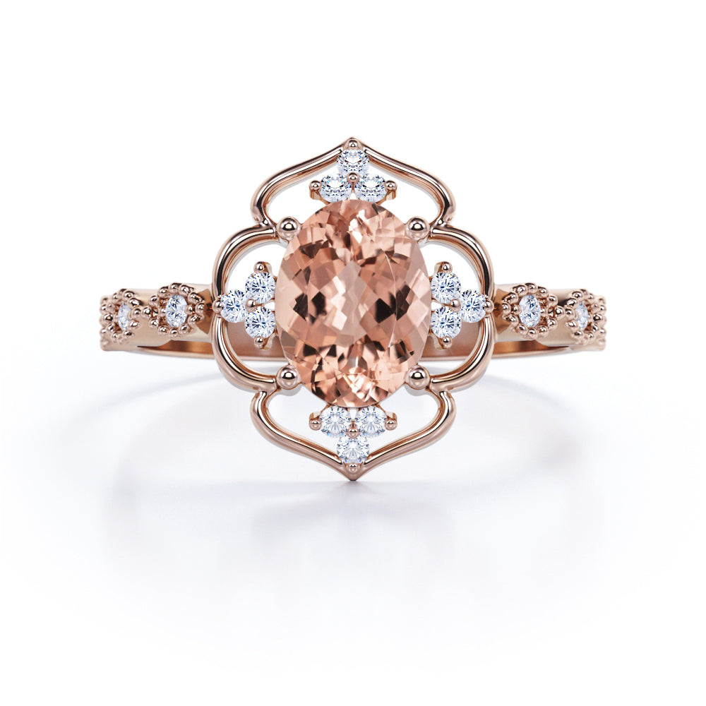 Colossal Flower 0.65 carat Oval Morganite and Moissanite Decorative Halo Engagement Ring in White Gold