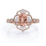 Colossal Flower 0.65 carat Oval Morganite and Moissanite Decorative Halo Engagement Ring in White Gold