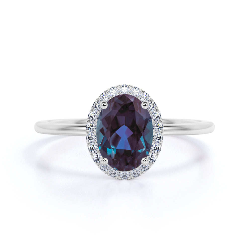 Minimalist Under Halo 1.25 Carat Oval Cut Synthetic Alexandrite and Diamond Plain Shank Engagement Ring