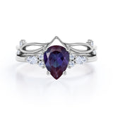 1.40 Ct Tear Drop Lab Alexandrite V Shaped Bridal Set