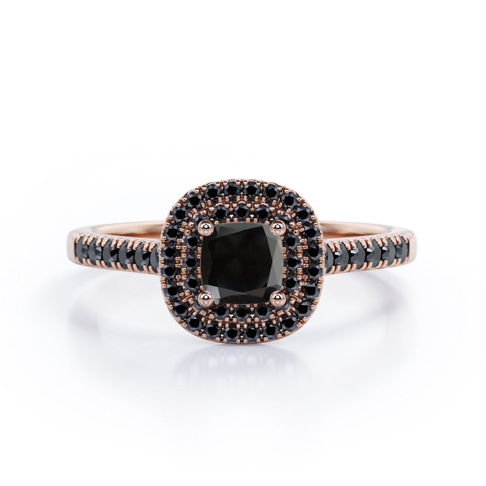 Double Halo Style - 1.45 TCW Princess Cut Lab Created Black Diamond - Scalloped Pave Engagement Ring in White Gold