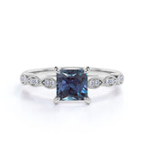 4 Claws Single Stone 1.25 Carat Princess Cut Artificial Alexandrite and Diamond Milgrain Antique Engagement Ring