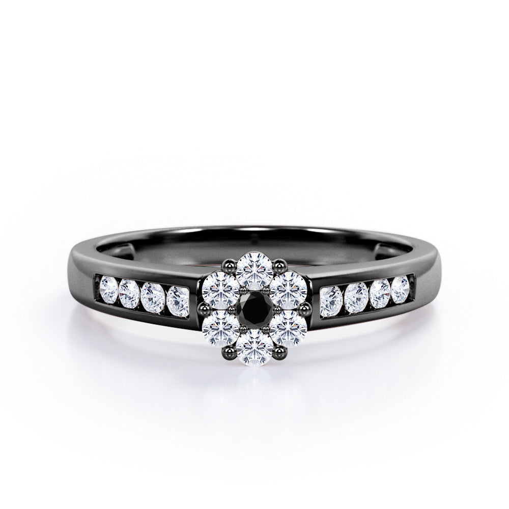 Clustered 1 carat Round Petite Black Diamond Channel Engagement Ring in White Gold