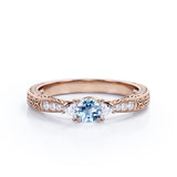 Mini Butterfly 1.10 Carat Round Cut Aquamarine And Diamond  Vintage Filigree Engagement Ring In White Gold