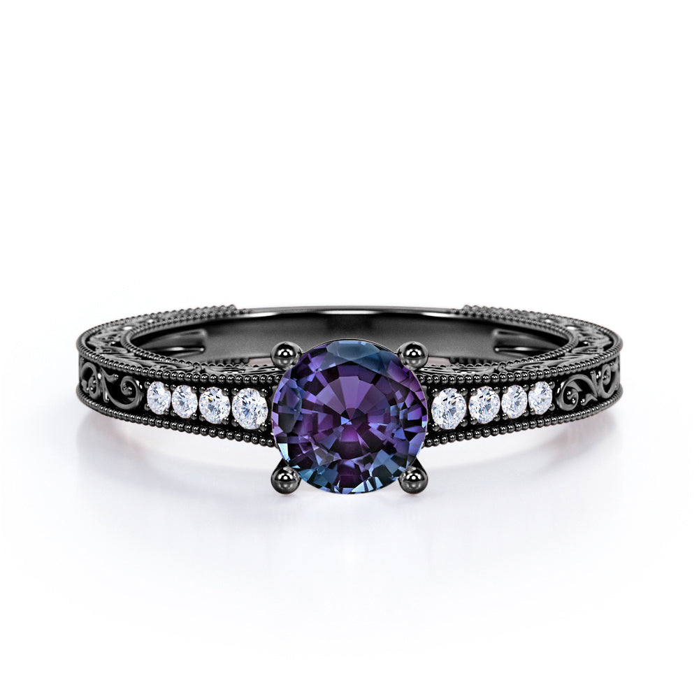 Affordable 4 Prong 1.25 Carat Round Cut Lab Created Alexandrite  And Diamond Art Deco Style Engagement Ring In White Gold