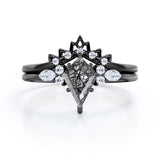 Vintage 1.40 ct Kite Black Rutilated Quartz Filigree Crown Bridal Set