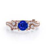 Four Prong 1.35 Carat Round Cut Sapphire and Diamond Vintage Milgrain Engagement Ring In Rose Gold