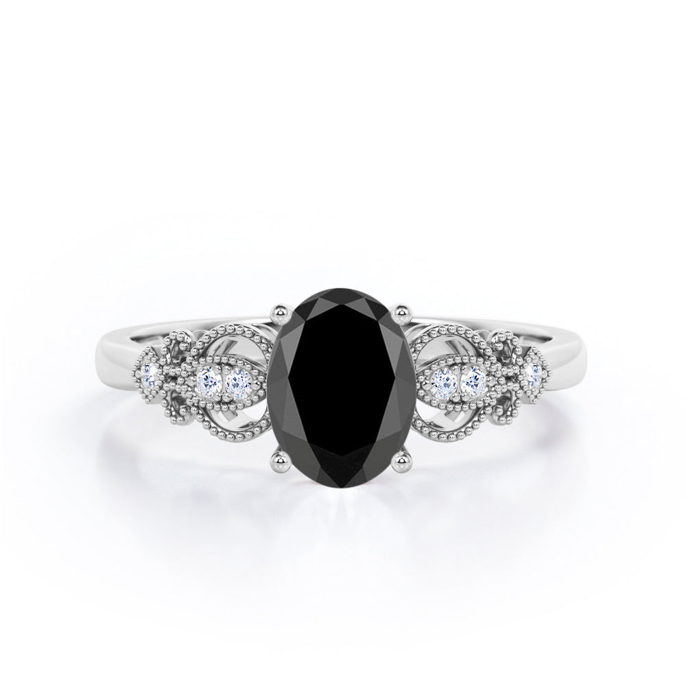 Swirly 1 carat Oval Black Diamond Antique Engagement Ring in Black Gold