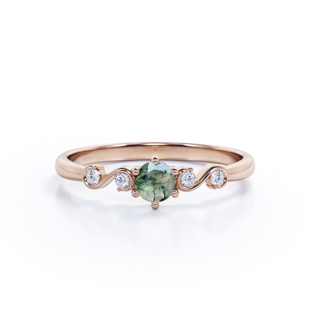 Gorgeous Scroll 0.5 carat Round Moss agate and Moissanite Engagement Ring in White Gold