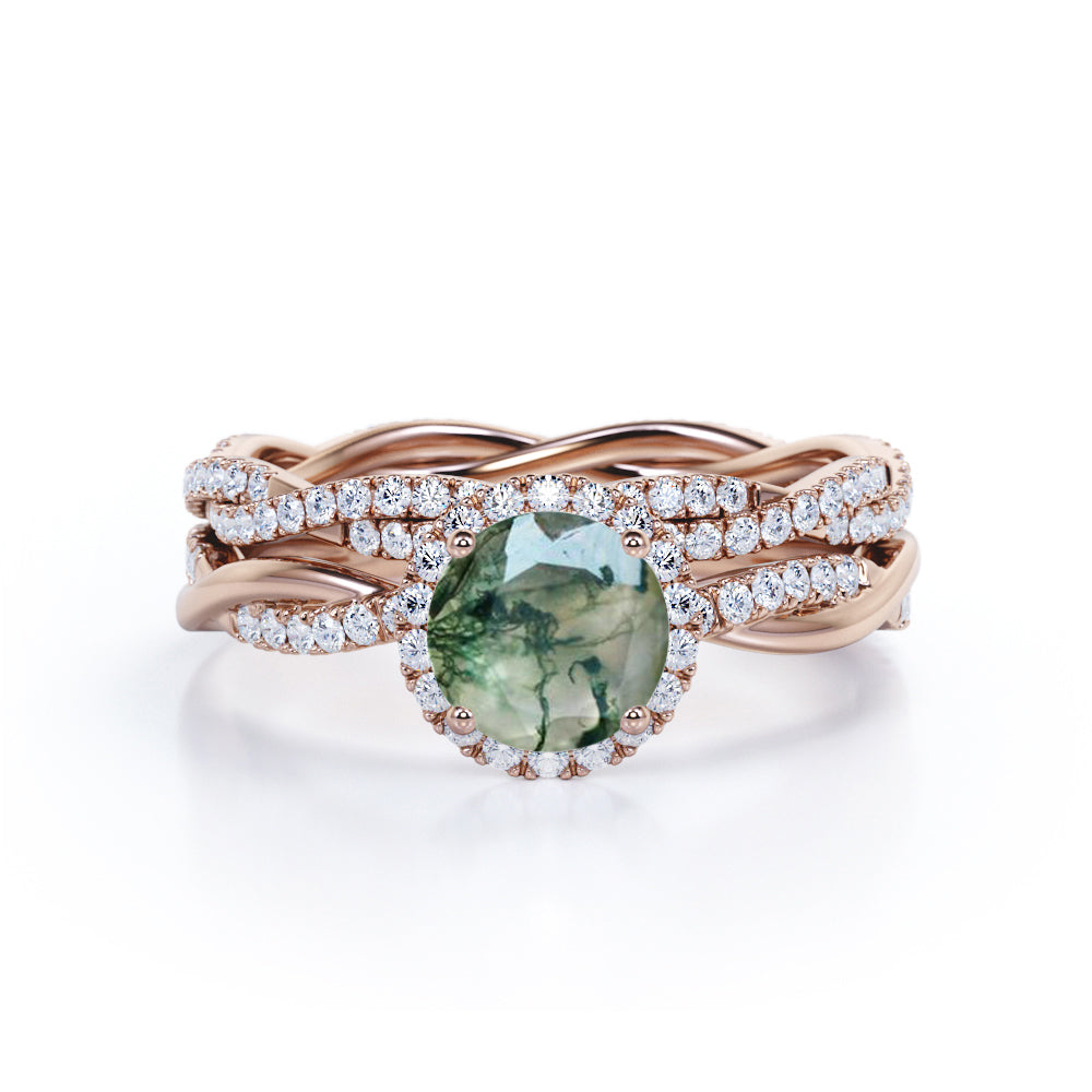 Infinity 1.25 Ct Round Green Moss Agate Bridal Set