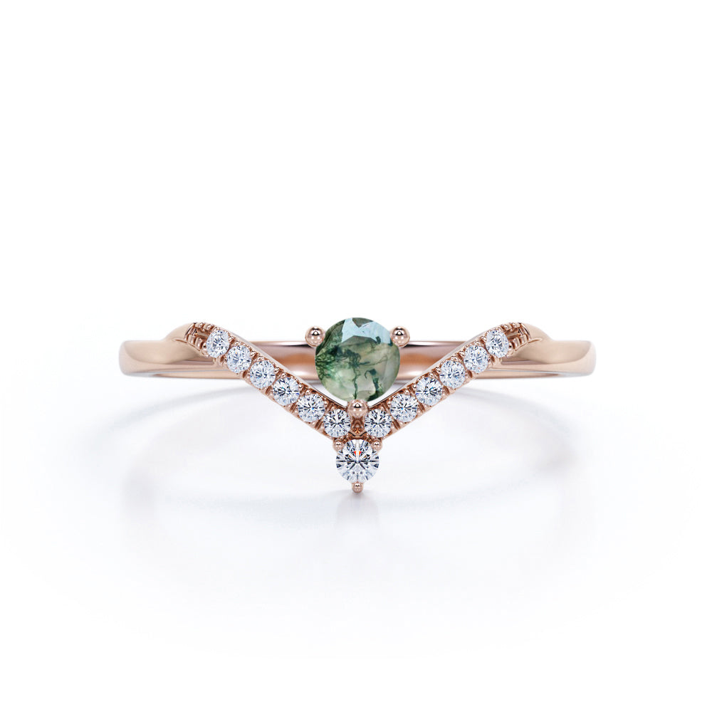 Classic Nestled Ring 0.7 carat Round Moss Agate and Moissanite Engagement Ring in White Gold