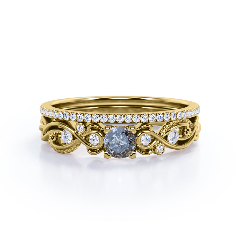 Minimalist Leaf Design 0.75 Carat Round Cut Genuine Black Grey Salt and Pepper Diamond Filigree with Diamond Pave Band Wedding Set Rings