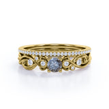 Minimalist Leaf Design 0.75 Carat Round Cut Genuine Black Grey Salt and Pepper Diamond Filigree with Diamond Pave Band Wedding Set Rings