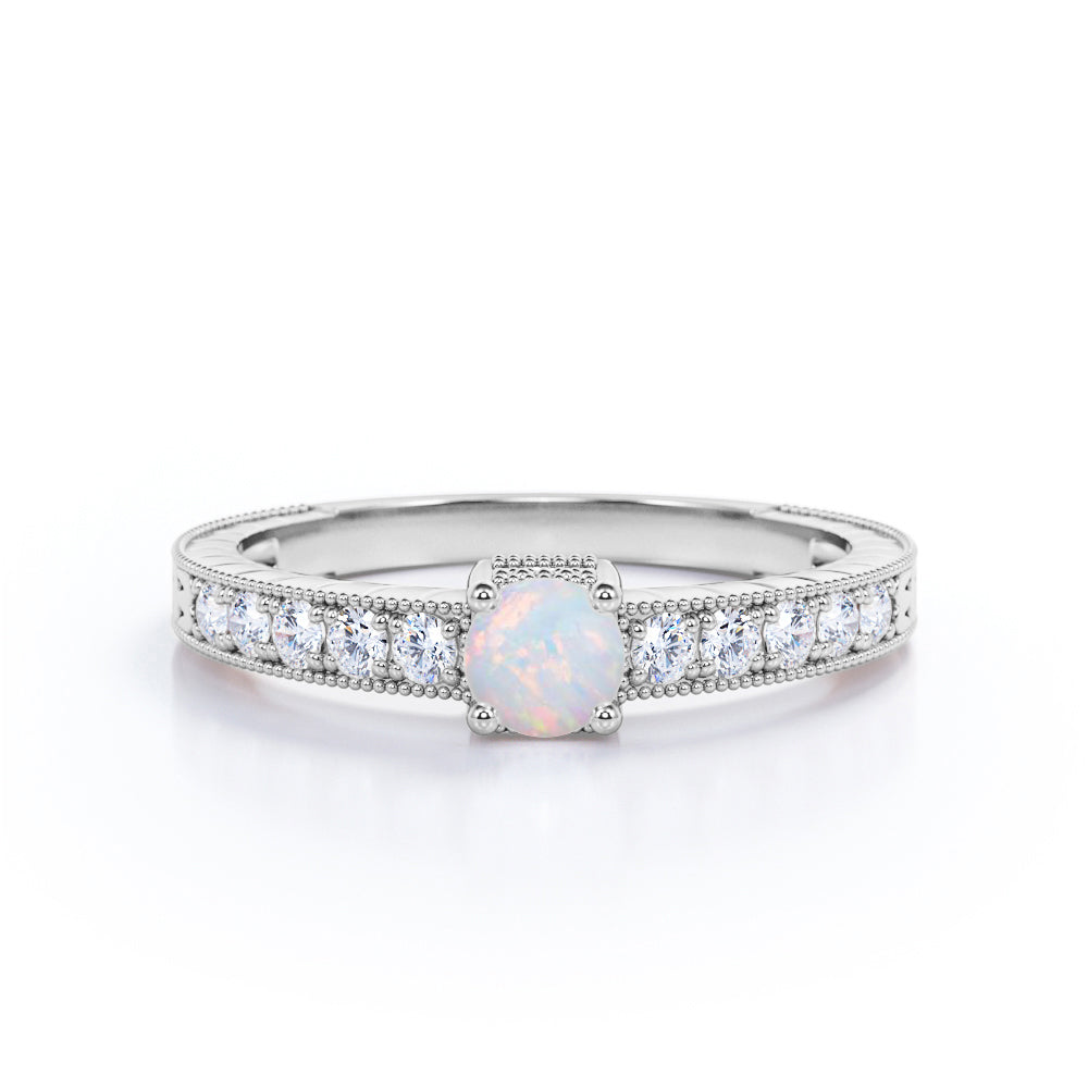 Vintage Filigree 1.25 Carat Round Cut Natural Opal And Diamond Beaded Art Deco Engagement Ring In Rose Gold