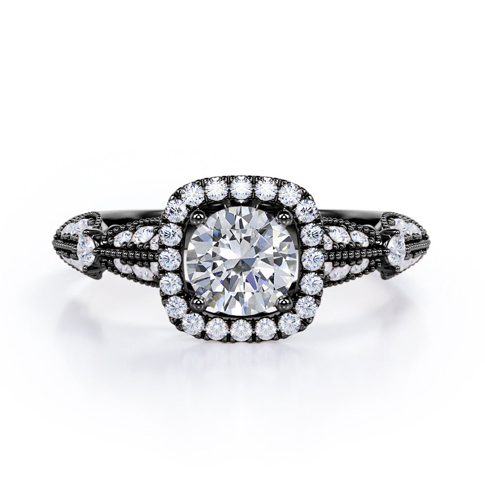 Antique Milgrain 1.35 Carat Round Cut Moissanite And Diamond Halo Engagement Ring In Rose Gold